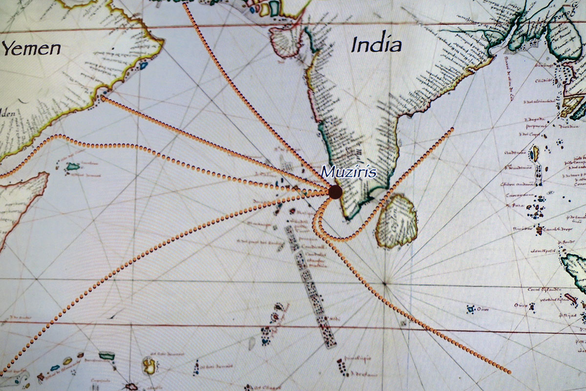 Historical map of Muziris and spice-trade routes on the Malabar coast